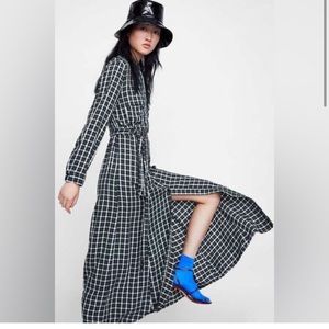 NWT Zara Green Plaid midi Button Shirt Dress